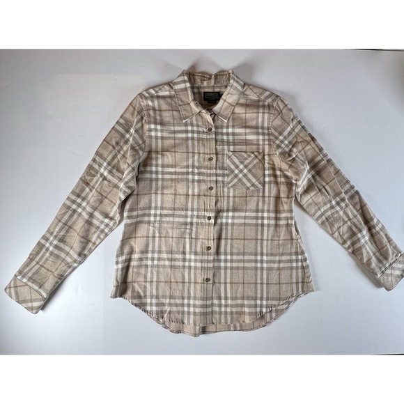 Pendleton Cotton Flannel Shirt L Tan Brown Beige Plaid Long Sleeve Button Front - Picture 1 of 10